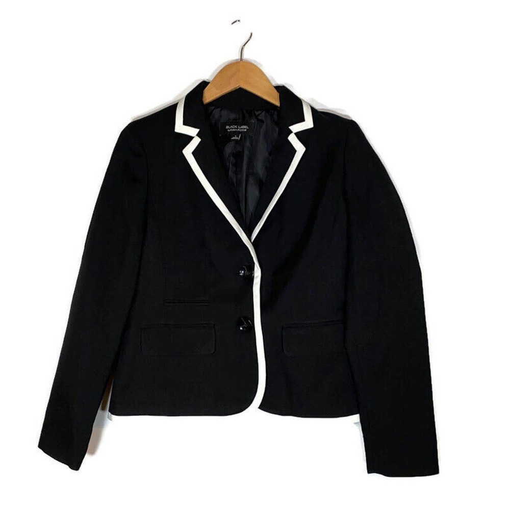 Black Label by Evan Picone Blazer Womens 4 Jacket 3/4 Sleeve Lined Black White